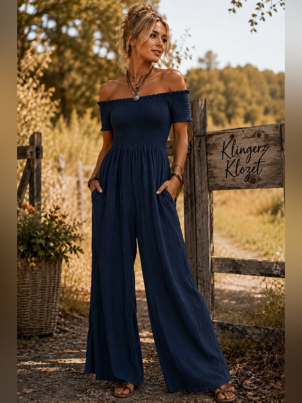 NWT Cato Navy Smocked Wide Leg Jumpsuit XL | on or Off-Shoulder | Pockets